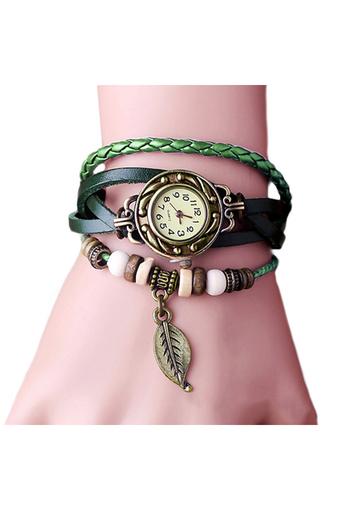 Sanwood Hot Women's Tree Leaf Artificial Leather Bracelet Wrist Watch Green  