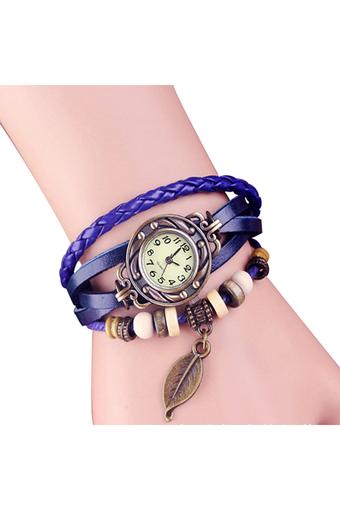 Sanwood Jam Tangan Wanita - Biru - Strap Kulit Sintetis - Tree Leaf  