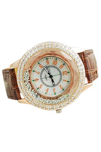 Sanwood Jam Tangan Wanita - Cokelat - Strap Kulit Sintetis - Rhinestones  