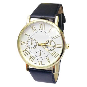 Sanwood Men's Women's Roman Numerals Dial Quartz Wrist Watch Black Faux Leather Band  