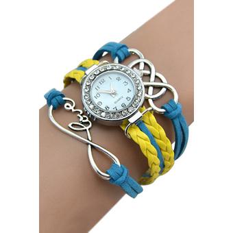 Sanwood Retro Women's Double Infinity Crystal Dial Leather Bracelet Wrist Watch Blue+Yellow  