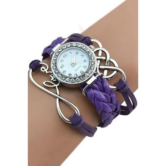 Sanwood Retro Women's Double Infinity Crystal Dial Leather Bracelet Wrist Watch Purple  