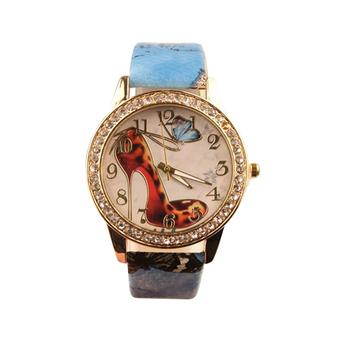 Sanwood Retro Women's Rhinestone High-Heeled Shoe Faux Leather Wrist Watch Blue  