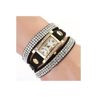 Sanwood Square Weave Wrap Rhinestone Faux Leather Bracelet Wrist Watch (Black)  