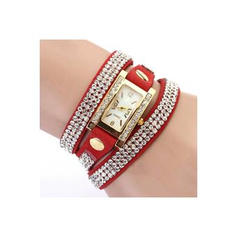 Sanwood Square Weave Wrap Rhinestone Faux Leather Watch (Red)  