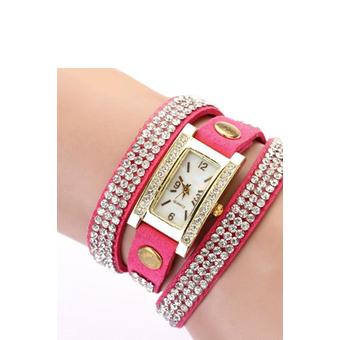 Sanwood Square Wrap Rhinestone Faux Leather Watch Rose-(Red)  