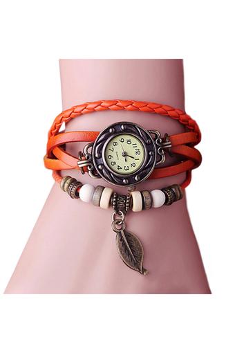 Sanwood Sweet Tree Leaf Artificial Women's Orange Leather Strap Watch  