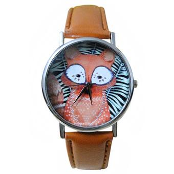 Sanwood Unisex Black White Stripe Fox Dial Faux Leather Analog Quartz Wrist Watch Brown  