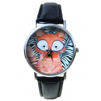 Sanwood Unisex Black White Stripe Fox Dial Faux Leather Analog Quartz Wrist Watch Black  