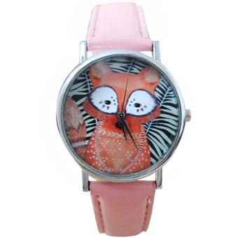 Sanwood Unisex Black White Stripe Fox Dial Faux Leather Analog Quartz Wrist Watch Pink  