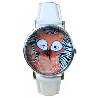 Sanwood Unisex Black White Stripe Fox Dial Faux Leather Analog Quartz Wrist Watch White  