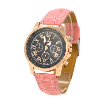 Sanwood Unisex Casual Faux Leather Strap Quartz Analog Wrist Watch Pink Strap & Black Dial  