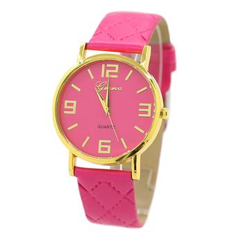 Sanwood Unisex Casual Geneva Checkers Strap Golden Round Case Quartz Watch Rose-Red  