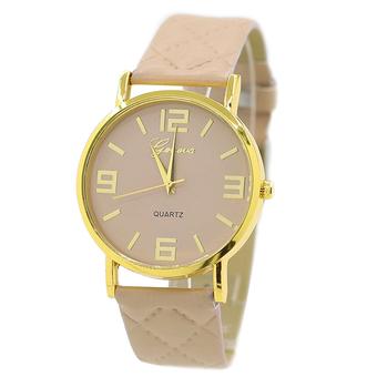 Sanwood Unisex Casual Geneva Checkers Strap Golden Round Case Quartz Watch Light Coffee  