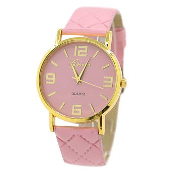 Sanwood Unisex Casual Geneva Checkers Strap Golden Round Case Quartz Watch Pink  