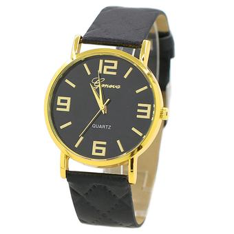 Sanwood Unisex Casual Geneva Checkers Strap Golden Round Case Quartz Watch Black  