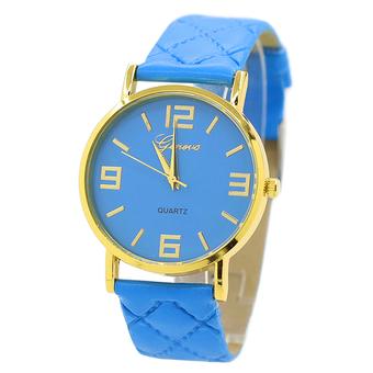 Sanwood Unisex Casual Geneva Checkers Strap Golden Round Case Quartz Watch Light Blue  