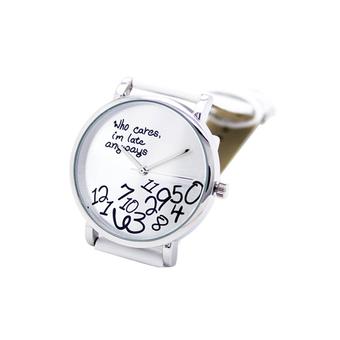 Sanwood Unisex Faux Leather Arabic Numerals Letters Printed Wrist Watch White  