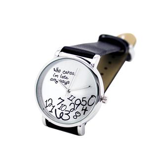 Sanwood Unisex Faux Leather Arabic Numerals Letters Printed Wrist Watch Black  