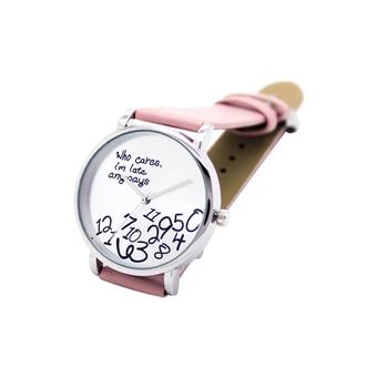 Sanwood Unisex Faux Leather Arabic Numerals Letters Printed Wrist Watch Pink  