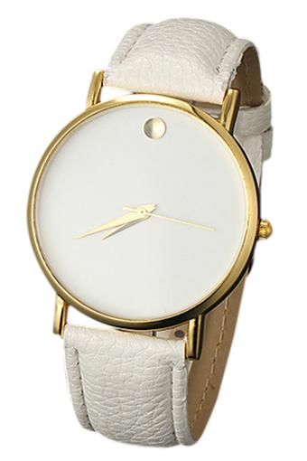 Sanwood Unisex Faux Leather Golden Case White Band Wrist Watch  