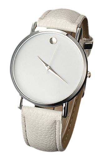 Sanwood Unisex Faux Leather Silver Case White Band Wrist Watch  