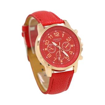 Sanwood Unisex Geneva Sub-Dials Faux Leather Quartz Wrist Watch Red  