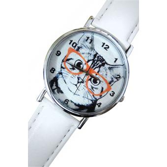 Sanwood Unisex Glasses Cat Dial Faux Leather Strap Analog Quartz Wrist Watch White  