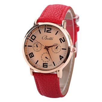 Sanwood Unisex Gold-tone Analog Quartz Watch Round Dial Faux Leather Strap Red  