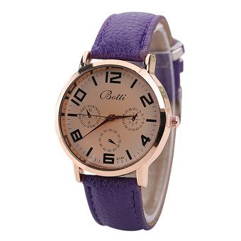 Sanwood Unisex Gold-tone Analog Quartz Watch Round Dial Faux Leather Strap Purple  