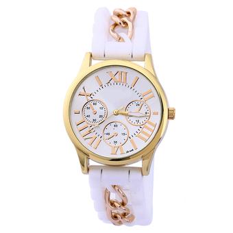 Sanwood Unisex Golden Case Silicone Alloy Strap Quartz Wrist Watch White  