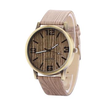 Sanwood Unisex Grain Bronze Numerals Faux Leather Quartz Analog Wrist Watch Light Grey  