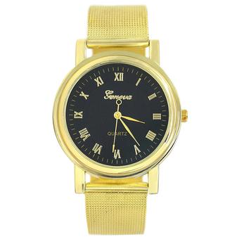 Sanwood Unisex Luxury Roman Numerals Mesh Band Quartz Analog Wrist Watch Black Dial & Golden Band  