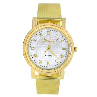 Sanwood Unisex Luxury Roman Numerals Mesh Band Quartz Analog Wrist Watch White Dial & Golden Band  