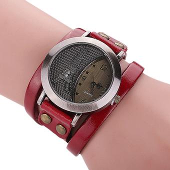 Sanwood Unisex Punk Eiffel Tower Leather Bracelet Quartz Watch Red (Intl)  