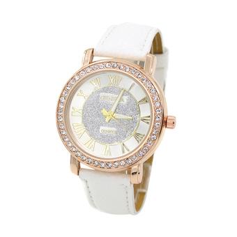 Sanwood Unisex Roman Numerals Rhinestone Faux Leather Analog Quartz Wrist Watch White  