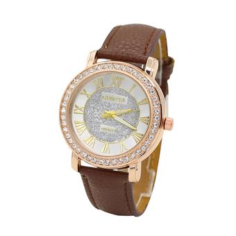 Sanwood Unisex Roman Numerals Rhinestone Faux Leather Analog Quartz Wrist Watch Brown  