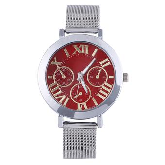 Sanwood Unisex Roman Numerals Silver Tone Mesh Band Quartz Watch Red  