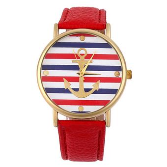 Sanwood Unisex Striped Anchor Faux Leather Analog Quartz Watch Red (Intl)  