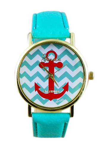 Sanwood Unisex Stripes Anchor Faux Leather Analog Wrist Watch Green  