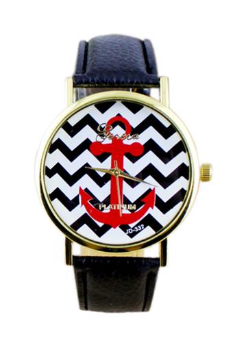 Sanwood Unisex Stripes Anchor Faux Leather Analog Wrist Watch Black  