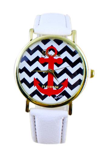 Sanwood Unisex Stripes Anchor Faux Leather Analog Wrist Watch White  