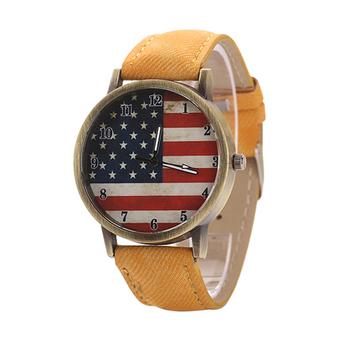 Sanwood Vintage Unisex United States Flag Bronze Denim Quartz Analog Wrist Watch Yellow  