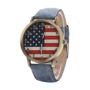 Sanwood Vintage Unisex United States Flag Bronze Denim Quartz Analog Wrist Watch Blue  