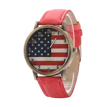 Sanwood Vintage Unisex United States Flag Bronze Denim Quartz Analog Wrist Watch Red  