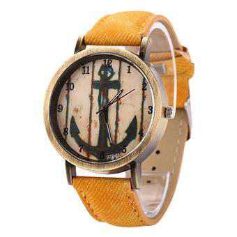 Sanwood Vintage Women Men Anchor Bronze Quartz Demin Band Wrist Watch Yellow  