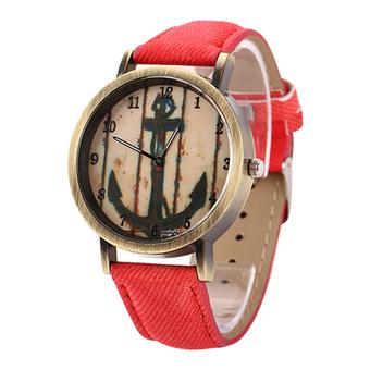 Sanwood Vintage Women Men Anchor Bronze Quartz Demin Band Wrist Watch Red  