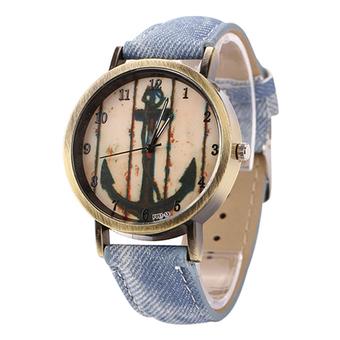 Sanwood Vintage Women Men Anchor Bronze Quartz Demin Band Wrist Watch Light Blue  