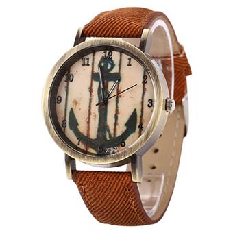 Sanwood Vintage Women Men Anchor Bronze Quartz Demin Band Wrist Watch Coffee  