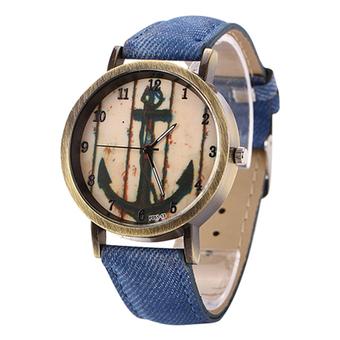 Sanwood Vintage Women Men Anchor Bronze Quartz Demin Band Wrist Watch Dark Blue  